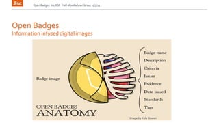 Open Badges: Jisc RSC Y&H Moodle User Group 15/5/14 
Open Badges 
Information infused digital images 
Image by Kyle Bowen 
 