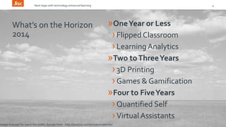 Next steps with technology enhanced learning 4 
What’s on the Horizon 
2014 
»One Year or Less 
› Flipped Classroom 
› Learning Analytics 
»Two to Three Years 
› 3D Printing 
› Games & Gamification 
»Four to Five Years 
›Quantified Self 
› Virtual Assistants 
Image licensed for use in the public domain from http://pixabay.com/en/service/terms/ 
 