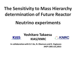 Yoshitaro Takaesu
KIAS/KNRC
The Sensitivity to Mass Hierarchy
determination of Future Reactor
Neutrino experiments
In collaborationwith S.F. Ge, N. Okamura and K. Hagiwara
JHEP 1305:131,2013
 