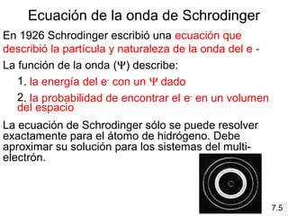 Ecuación de la onda de Schrodinger
En 1926 Schrodinger escribió una ecuación que
describió la partícula y naturaleza de la onda del e -
La función de la onda (Ψ) describe:
1. la energía del e-
con un Ψ dado
2. la probabilidad de encontrar el e-
en un volumen
del espacio
La ecuación de Schrodinger sólo se puede resolver
exactamente para el átomo de hidrógeno. Debe
aproximar su solución para los sistemas del multi-
electrón.
7.5
 