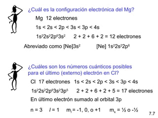¿Cuál es la configuración electrónica del Mg?
Mg 12 electrones
1s < 2s < 2p < 3s < 3p < 4s
1s2
2s2
2p6
3s2
2 + 2 + 6 + 2 = 12 electrones
7.7
Abreviado como [Ne]3s2
[Ne] 1s2
2s2
2p6
¿Cuáles son los números cuánticos posibles
para el último (externo) electrón en Cl?
Cl 17 electrones 1s < 2s < 2p < 3s < 3p < 4s
1s2
2s2
2p6
3s2
3p5
2 + 2 + 6 + 2 + 5 = 17 electrones
En último electrón sumado al orbital 3p
n = 3 l = 1 ml = -1, 0, o +1 ms = ½ o -½
 