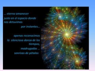… eterno amanecer
justo en el espacio donde
nos detuvimos
por instantes…
apenas reconocimos
la silenciosa danza de los
tiempos,
madrugadas …
sonrisas de pétalos .
 