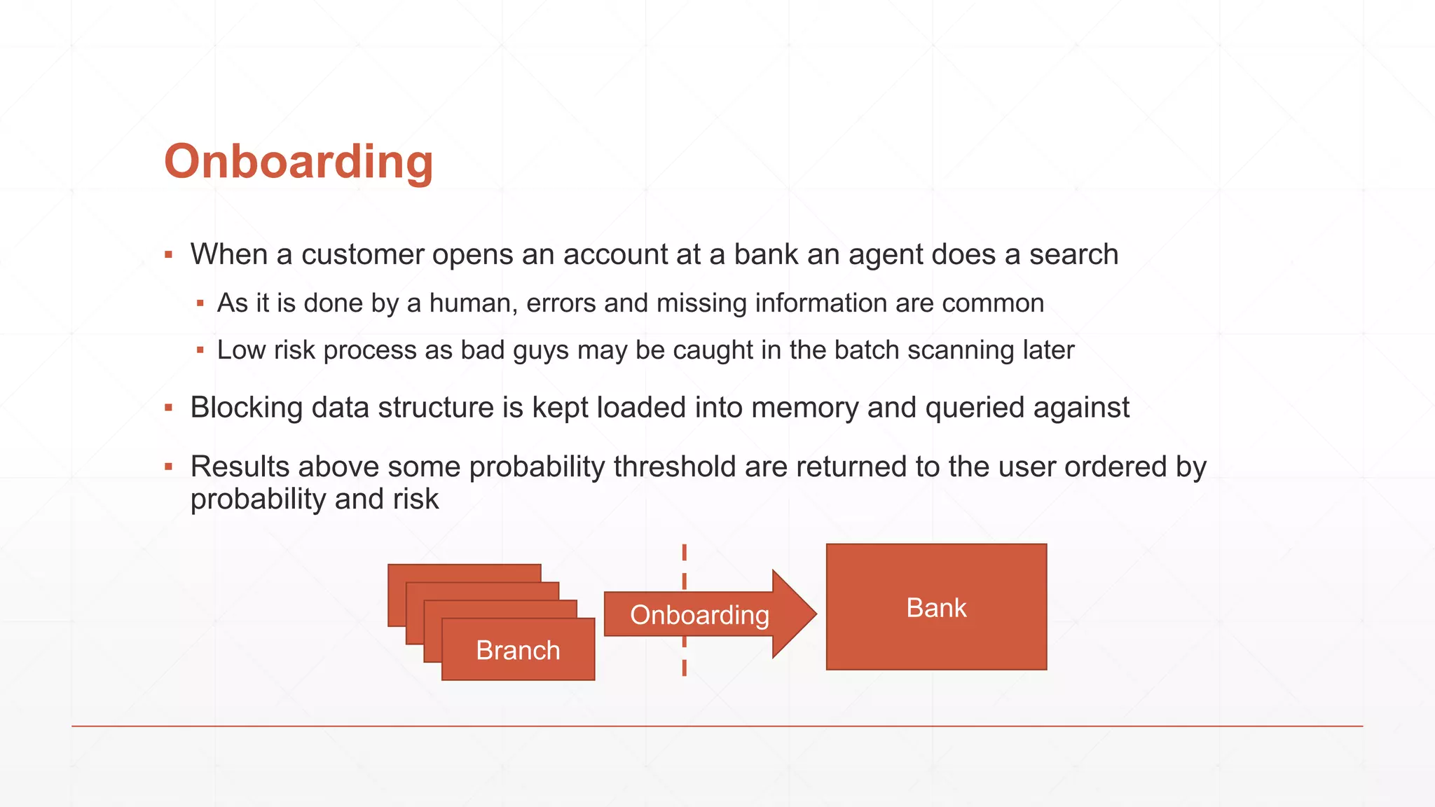 Onboarding ▪ When a customer opens an account at a bank an agent does a search ▪ As it is done by a human, errors and missing information are common ▪ Low risk process as bad guys may be caught in the batch scanning later ▪ Blocking data structure is kept loaded into memory and queried against ▪ Results above some probability threshold are returned to the user ordered by probability and risk Onboarding Branch Branch Branch Branch Bank 