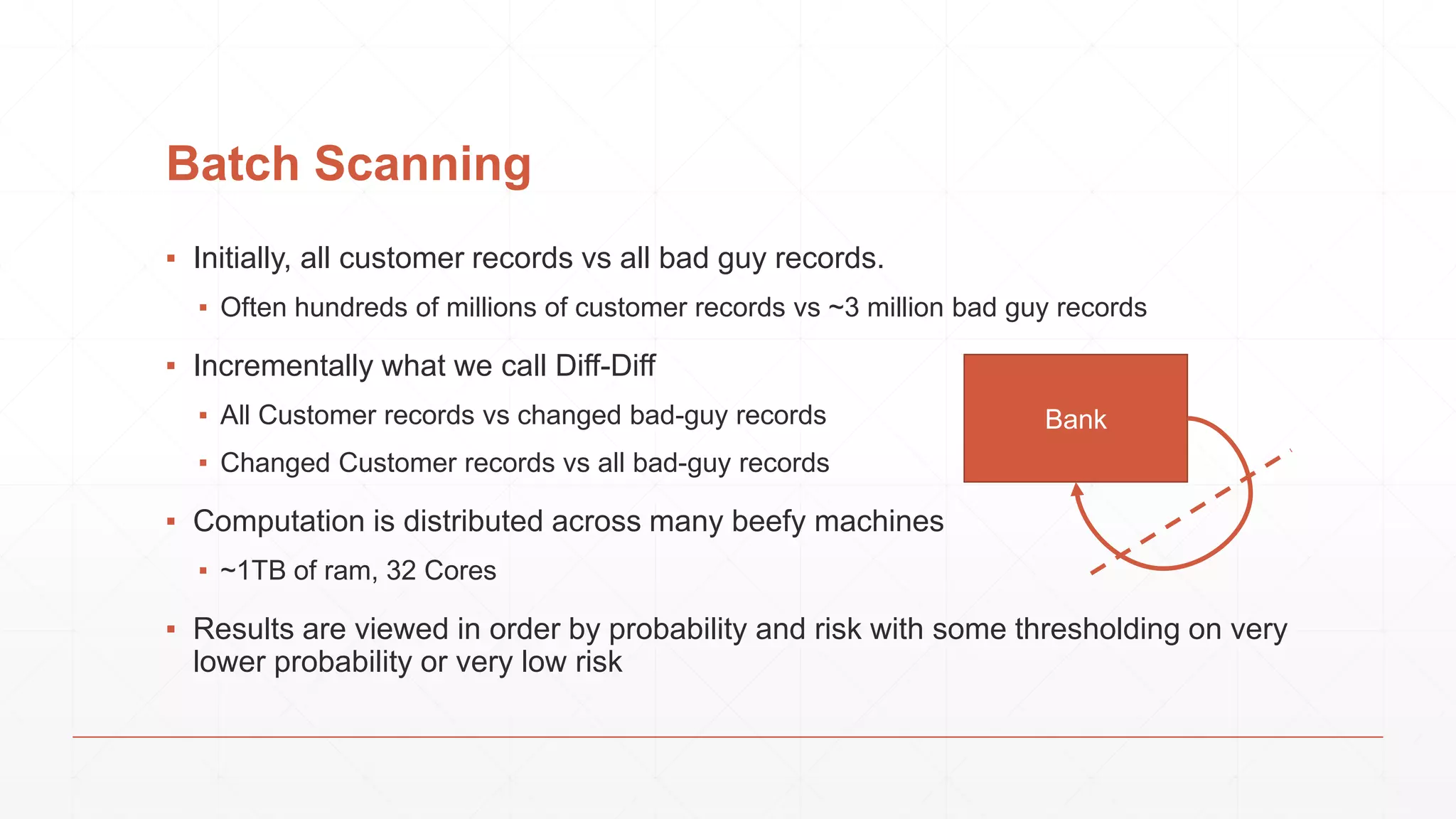 Batch Scanning ▪ Initially, all customer records vs all bad guy records. ▪ Often hundreds of millions of customer records vs ~3 million bad guy records ▪ Incrementally what we call Diff-Diff ▪ All Customer records vs changed bad-guy records ▪ Changed Customer records vs all bad-guy records ▪ Computation is distributed across many beefy machines ▪ ~1TB of ram, 32 Cores ▪ Results are viewed in order by probability and risk with some thresholding on very lower probability or very low risk Bank 