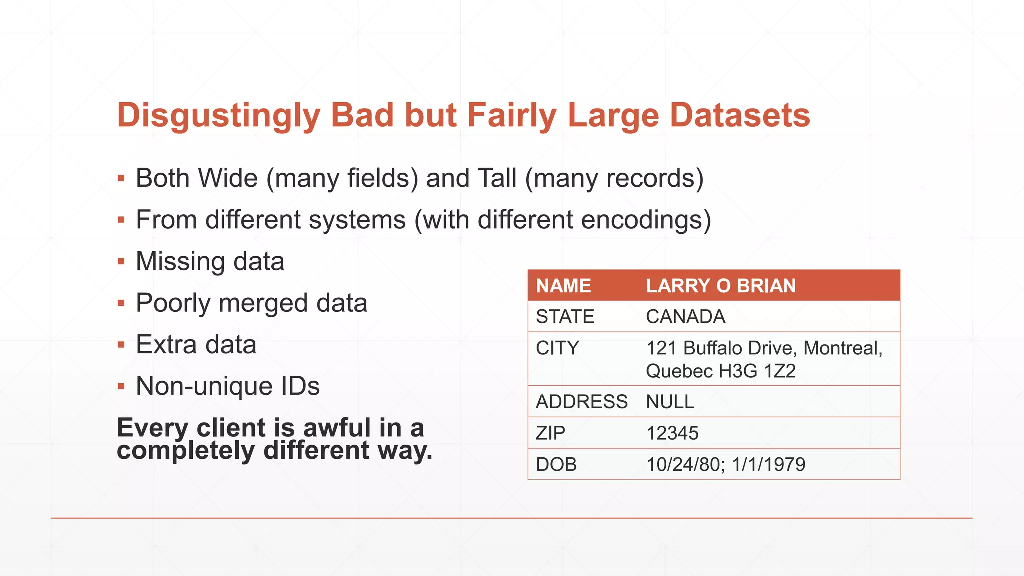 Disgustingly Bad but Fairly Large Datasets ▪ Both Wide (many fields) and Tall (many records) ▪ From different systems (with different encodings) ▪ Missing data ▪ Poorly merged data ▪ Extra data ▪ Non-unique IDs Every client is awful in a completely different way. NAME LARRY O BRIAN STATE CANADA CITY 121 Buffalo Drive, Montreal, Quebec H3G 1Z2 ADDRESS NULL ZIP 12345 DOB 10/24/80; 1/1/1979 