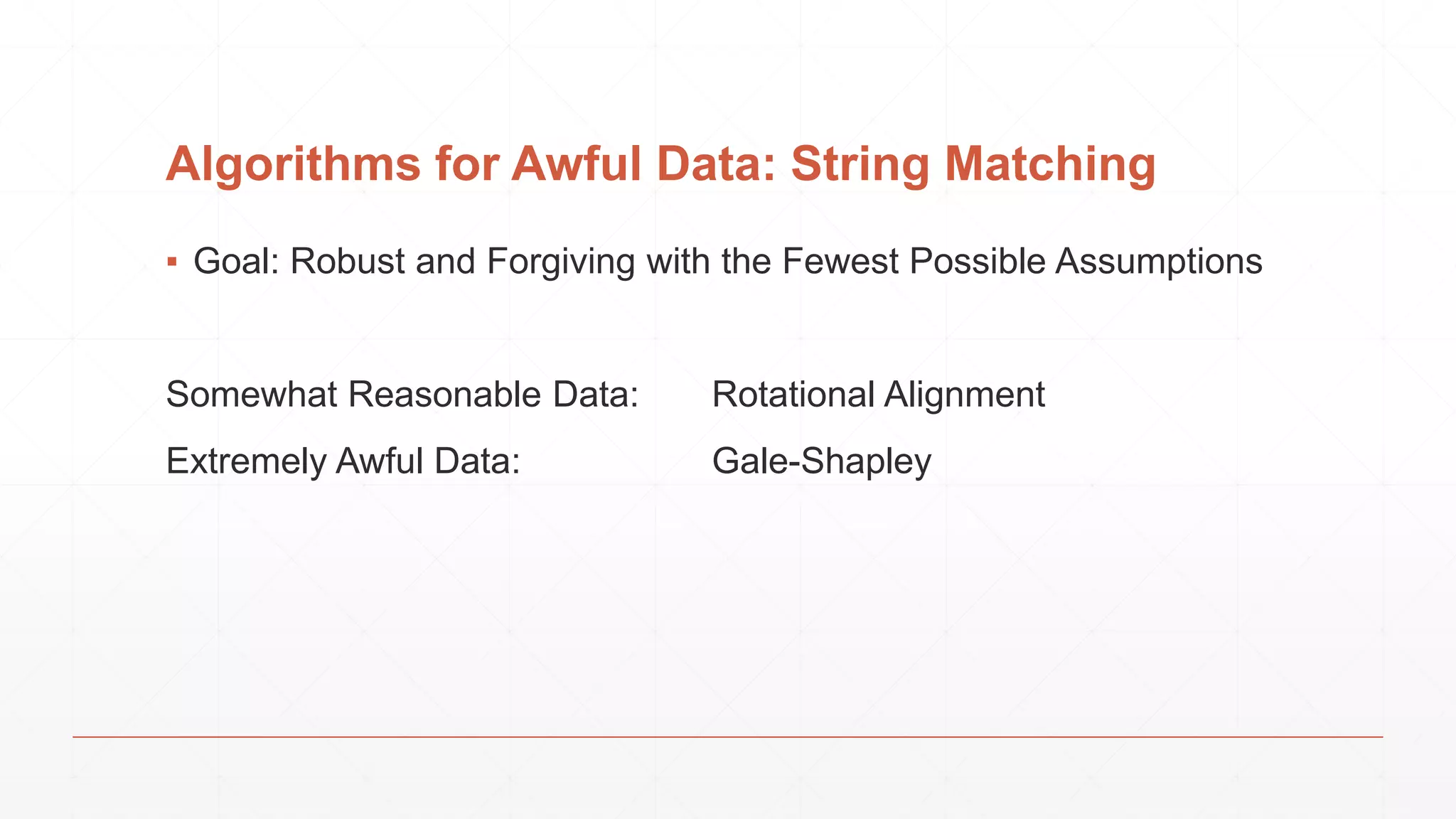 Algorithms for Awful Data: String Matching ▪ Goal: Robust and Forgiving with the Fewest Possible Assumptions Somewhat Reasonable Data: Rotational Alignment Extremely Awful Data: Gale-Shapley 