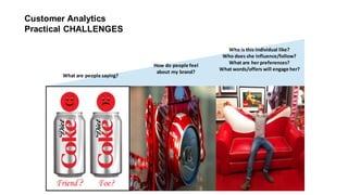 What	
  are	
  people	
  saying?
How	
  do	
  people	
  feel	
  
about	
  my	
  brand?
Who	
  is	
  this	
  individual	
  like?
Who	
  does	
  she	
  influence/follow?
What	
  are	
  her	
  preferences?
What	
  words/offers	
  will	
  engage	
  her?
Customer  Analytics
Practical CHALLENGES
 