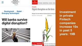 Investment  
in  private    
Fintech
companies  
increase  10x  
in  past  5  
years:  19B
 