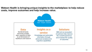 168
Watson  Health  is  bringing  unique  insights  to  the  marketplace  to  help  reduce  
costs,  improve  outcomes  and  help  increase  value.
Data
Standards	
  based,	
  
extremely	
  scalable,	
  
open	
  repository	
  of	
  data	
  
on	
  all	
  dimensions	
  of	
  
healthcare	
  and	
  research	
  
Insights	
  as	
  a	
  
service
Knowledge  and  actionable  
information  through  
advanced  analytics  and  
cognitive  capabilities
Solutions
IBM  and  an  ecosystem  
of  partners  help  improve  
the  overall  experience  
and  increase  the  quality  
of  outcomes
Watson  Health
Data  – Insights  – Solutions
 