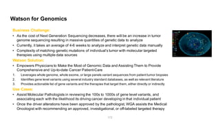 Watson  for  Genomics
Business  Challenge:  
• As  the  cost  of  Next  Generation  Sequencing  decreases,  there  will  be  an  increase  in  tumor  
genome  sequencing  resulting  in  massive  quantities  of  genetic  data  to  analyze  
• Currently,  it  takes  an  average  of  4-­6  weeks  to  analyze  and  interpret  genetic  data  manually  
• Complexity  of  matching  genetic  mutations  of  individual’s  tumor  with  molecular  targeted  
therapies  using  multiple  data  sources
Watson  Solution:  
• Empowers  Physicians  to  Make  the  Most  of  Genomic  Data  and  Assisting  Them  to  Provide  
Comprehensive  and  Up-­to-­date  Cancer  Patient-­Care  
1. Leverages  whole  genome,  whole  exome,  or  large  panels  variant  sequences  from  patient  tumor  biopsies  
2. Identifies  gene  level  variants  using  several  industry  standard  databases,  as  well  as  relevant  literature  
3. Provides  actionable  list  of  gene  variants  and  the  therapies  that  target  them,  either  directly  or  indirectly
Use  Cases:
• Assist  Molecular  Pathologists  in  reviewing  the  100s  to  1000s  of  gene  level  variants,  and  
associating  each  with  the  likelihood  its  driving  cancer  developing  in  that  individual  patient
• Once  the  driver  alterations  have  been  approved  by  the  pathologist,  WGA  assists  the  Medical  
Oncologist  with  recommending  an  approved,  investigational,  or  off-­labeled  targeted  therapy
172
 
