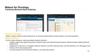 174
Watson  for  Oncology
Trained  by  Memorial  Sloan  Kettering
Business  Challenge:  
• Ability   to  assess  quickly  the  best  treatments  for  an  individual  patient  based  on  latest  evidence  and  clinical  guidelines
Watson  Solution:  
• A  tool  to  assist  physicians   make  personalized  treatment  decisions
− Analyzes   patient  data  against  thousands  of  historical  cases  and  trained  through  thousands  of  Memorial  Sloan  Kettering  MD  and  
analyst  hours
− Suggestions  to  help  inform  oncologists’   decisions  based  on  over  290  medical  journals,  over  200  textbooks,  and  12M  pages  of  text
− Evolves   with  the  fast-­changing  field
− Currently  supports  first  line  treatment  (Breast,  Lung,  Colorectal  cancers)
174©  2015  International  Business  Machines  Corporation
 