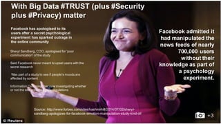 @pieroleo
Sheryl  Sandberg,  COO,  apologised  for  'poor  
communication'  of  the  study
Said  Facebook  never  meant  to  upset  users  with  the  
secret  research
Was  part  of  a  study  to  see  if  people's  moods  are  
affected  by  content
Information  Commissioner  now  investigating  whether  
or  not  the  site  breached  data  regulations
Facebook has apologised to  its
users after a  secret  psychological
experiment has sparked outrage in  
the  online  community
Facebook  admitted  it  
had  manipulated  the  
news  feeds  of  nearly  
700,000  users  
without  their  
knowledge  as  part  of  
a  psychology  
experiment.
Source:  http://www.forbes.com/sites/kashmirhill/2014/07/02/sheryl-­
sandberg-­apologizes-­for-­facebook-­emotion-­manipulation-­study-­kind-­of/
With  Big  Data  #TRUST  (plus  #Security
plus  #Privacy)  matter
 