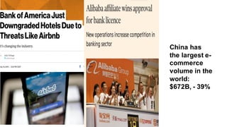 China  has  
the  largest  e-­
commerce  
volume  in  the  
world:  
$672B,  -­ 39%
 