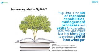 @pieroleo
“Big Data is the set
of technical
capabilities,
management
processes and
skills for converting
vast, fast, and varied
data into Right Data
to produce useful
knowledge”
Source:  
Definition  discussed  during  the  work  of  the  
Word  Summit  on  Big  Data  and  Organization  
Design  Paris  – 2013  and  Adapted  from:  
Beacon  Report  – Big  Data  Big  Brains  – 2013
In  summary,  what is Big Data?
 