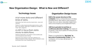 @pieroleo
New  Organization Design:    What is New  and  Different?
A lot more data and different
kinds of data.
Historically most data was structured data – rows and
columns
Today it is unstructured data like aerial photos, audio
from call centers, video from surveillance cameras, e-
mails, texts, diagrams.
A shift in focus from data
stocks to data flows.
Historical information was stored in data warehouses
and analyzed by data mining.
Streaming data arrives in real time allowing us to
influence events as they happen. We can prevent some
bad events from ever happeningat all.
Shift in the power structure of the
company. Many companies have analog
establishments. We need to shift power to
those who can draw valuable insights from
data and analytics and implement them.
Shift from periodic to real time or
continuous decision making. We need an
increase in the clock speed of every process
in the company.
There is a potential for “Big Data” to
become a fundamental center for the
company. Is it a new dimension of
structure?
Organization Design IssuesTechnology Issues
Source: Jay R. Galbraith
 