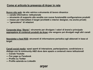 Come si articola la presenza di Arper in rete

Nuovo sito web: da sito vetrina a strumento di lavoro dinamico
— canale informativo- istituzionale
— strumento di supporto alla vendita con nuove funzionalità configurazione prodotti
— mezzo per intercettare il target (architetti e interior designer, ma anche privati)
— ―generatore‖ di relazioni


Corporate blog ―Storie‖: strumento per divulgare i valori di brand e principale
aggregatore di contenuti prodotti da Arper che vengono poi divulgati negli altri canali


Newsletter e feed RSS: strumenti di informazione periodica agli abbonati in base al
target


Canali social media: spazi aperti di interazione, partecipazione, condivisione e
dialogo con la community A&D dove dare spazio a contenuti meno istituzionali
— Canale Youtube
— Fan page su Facebook
— Profilo su Twitter
— Profilo azienda su LinkedIn
 