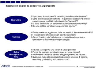 Documento Riservato
18© Adacta Studio Associato – Ogni comunicazione a terzi e riproduzione vietate
1.Il Sales Manager ha una vision di lungo periodo?
2.Funge da esempio e motivatore per le nuove risorse?
3.Implementa i drivers e verifica il raggiungimento dei risultati?
4.Svolge un ruolo attivo nella definizione dei processi di training,
recruiting, goal setting ed incentivazione?
1.Il processo è strutturato? Il recruiting è svolto costantemente?
2.Sono identificati analiticamente i requisiti dei candidati? Servono
maggiormente qualità innate (talento) o "formabili"?
3.E' stato identificato un benchmark aziendale (top-performer)?
4.C'è una politica per attrarre experienced o junior?
1.Esiste un elenco aggiornato delle necessità di formazione della FV?
2.I requisiti sono allineati con gli obiettivi aziendali?
3.C'è un "training mix" definito con corretto bilanciamento tra
formazione d'aula/web/training on the job?
Esempio di analisi da condurre sul personale
Recruiting
Sales
Manager/Coac
hing
Training
 