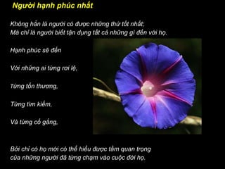   Người hạnh phúc nhất Không hẳn là người có được những thứ tốt nhất; Mà chỉ là người biết tận dụng tất cả những gì đến với họ. Hạnh phúc sẽ đến Với những ai từng rơi lệ, T ừng tổn thương, Từng tìm kiếm, Và từng cố gắng, Bởi chỉ có họ mới có thể hiểu được tầm quan trọng  của những người đã từng chạm vào cuộc đời họ. 