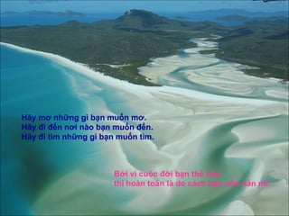 Hãy mơ những gì bạn muốn mơ. Hãy đi đến nơi nào bạn muốn đến. Hãy đi tìm những gì bạn muốn tìm. Bởi vì cuộc đời bạn thế nào  thì hoàn toàn là do cách bạn uốn nắn nó. 