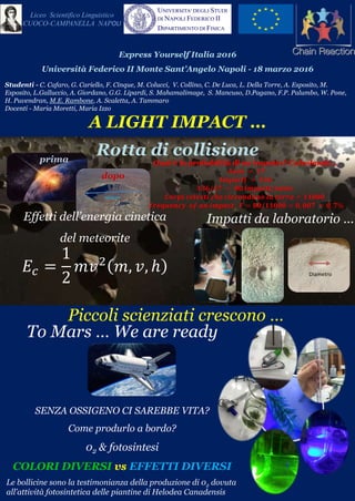 A LIGHT IMPACT …
Rotta di collisioneprima
dopo
1200 m
Qual è la probabilità di un impatto? Calcolando…
𝑨𝒏𝒏𝒊 = 𝟏𝟕
𝑰𝒎𝒑𝒂𝒕𝒕𝒊 = 𝟏𝟑𝟔
𝟏𝟑𝟔/𝟏𝟕 = 𝟖𝟎 𝒊𝒎𝒑𝒂𝒕𝒕𝒊/𝒂𝒏𝒏𝒐
𝑪𝒐𝒓𝒑𝒊 𝒄𝒆𝒍𝒆𝒔𝒕𝒊 𝒄𝒉𝒆 𝒄𝒊𝒓𝒄𝒐𝒏𝒅𝒂𝒏𝒐 𝒍𝒂 𝒕𝒆𝒓𝒓𝒂 = 𝟏𝟏𝟎𝟎𝟎
𝒇𝒓𝒆𝒒𝒖𝒆𝒏𝒄𝒚 𝒐𝒇 𝒂𝒏 𝒊𝒎𝒑𝒂𝒄𝒕: 𝑭 = 𝟖𝟎/𝟏𝟏𝟎𝟎𝟎 = 𝟎, 𝟎𝟎𝟕 = 𝟎, 𝟕%
Effetti dell’energia cinetica
del meteorite
𝐸𝑐 =
1
2
𝑚𝑣2
𝑚, 𝑣, ℎ
Piccoli scienziati crescono …
To Mars … We are ready
SENZA OSSIGENO CI SAREBBE VITA?
Come produrlo a bordo?
02 & fotosintesi
COLORI DIVERSI vs EFFETTI DIVERSI
Le bollicine sono la testimonianza della produzione di 02 dovuta
all’attività fotosintetica delle piantine di Helodea Canadensis
Liceo Scientifico Linguistico
CUOCO-CAMPANELLA NAPOLI
Studenti - C. Cafaro, G. Cariello, F. Cinque, M. Colucci, V. Collino, C. De Luca, L. Della Torre, A. Esposito, M.
Esposito, L.Galluccio, A. Giordano, G.G. Lipardi, S. Mahamalimage, S. Mancuso, D.Pagano, F.P. Palumbo, W. Pone,
H. Puvendran, M.E. Rambone, A. Scaletta, A. Tammaro
Docenti - Maria Moretti, Maria Izzo
Express Yourself Italia 2016
Università Federico II Monte Sant’Angelo Napoli - 18 marzo 2016
Impatti da laboratorio …
Diametro
 