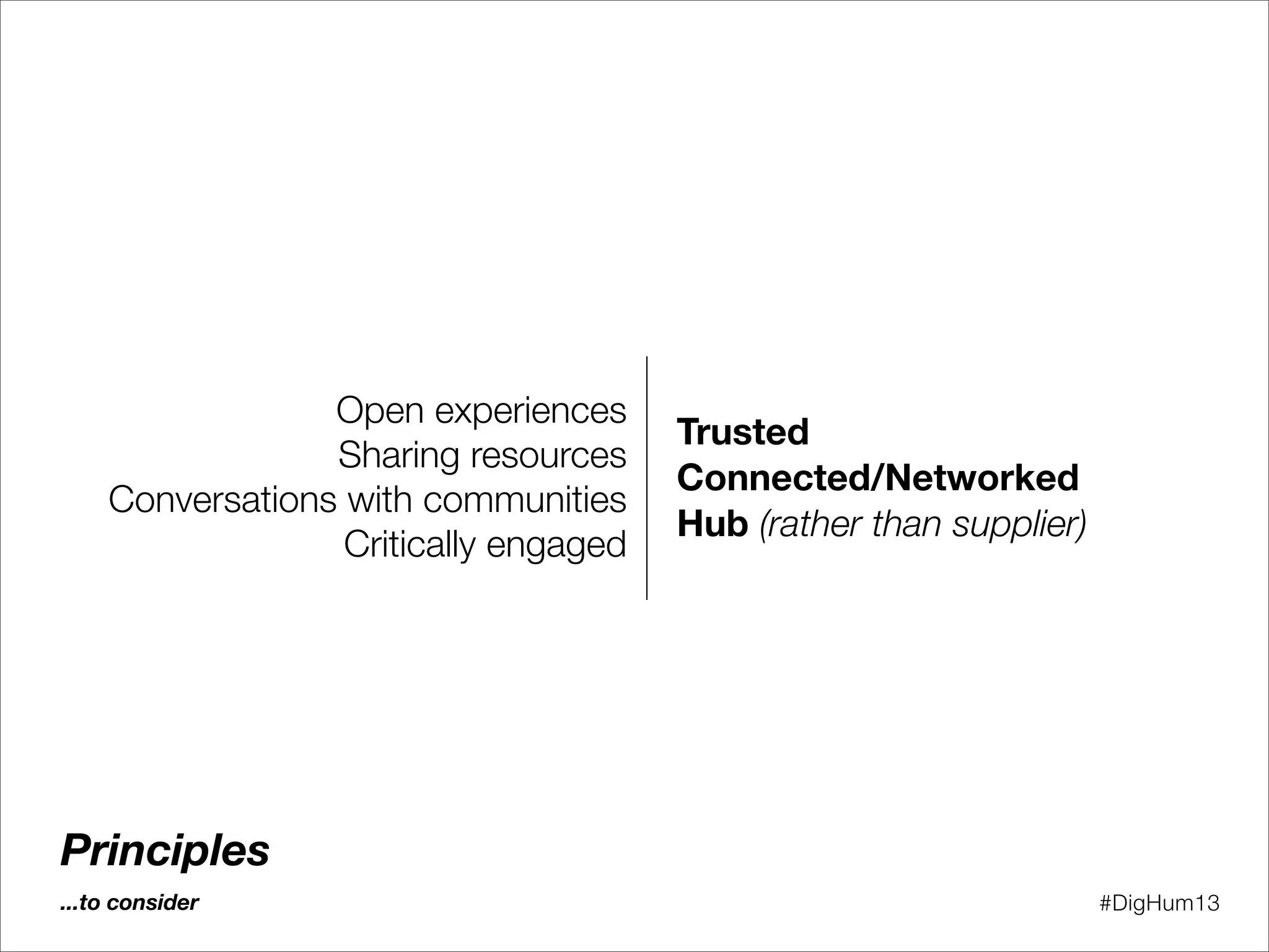 Open experiences
Sharing resources
Conversations with communities
Critically engaged
Trusted
Connected/Networked
Hub (rather than supplier)
Principles
...to consider #DigHum13
 