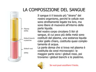 Il sangue è il tessuto più “strano” del
nostro organismo, perché le cellule non
sono strettamente legate tra loro, ma
sono libere di muoversi all’interno della
parte liquida.
Nel nostro corpo circolano 5 litri di
sangue, di cui poco più della metà sono
costituiti dal plasma, una sostanza liquida
color giallo chiaro, costituita quasi comple-
tamente di acqua.
La parte densa che si trova nel plasma è
costituita da corpi microscopici: la
maggior parte sono i globuli rossi, poi
troviamo i globuli bianchi e le piastrine.
LA COMPOSIZIONE DEL SANGUE
Se vuoi puoi ascoltare il testo.
 