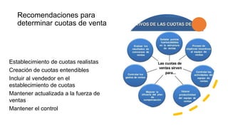 Recomendaciones para
determinar cuotas de venta
Establecimiento de cuotas realistas
Creación de cuotas entendibles
Incluir al vendedor en el
establecimiento de cuotas
Mantener actualizada a la fuerza de
ventas
Mantener el control
 