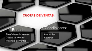 Bases:
Pronósticos de Ventas
Costos de Ventas
Potencial de Ventas
CUOTAS DE VENTAS
Condiciones:
Asequibles
Realistas
MM. Verónica Bolaños López
 