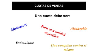 Una cuota debe ser:
Alcanzable
Estimulante
Que compitan contra si
mismo
CUOTAS DE VENTAS
 