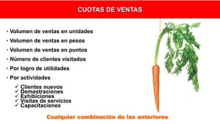 • Volumen de ventas en unidades
• Volumen de ventas en pesos
• Volumen de ventas en puntos
• Número de clientes visitados
• Por logro de utilidades
• Por actividades
 Clientes nuevos
 Demostraciones
 Exhibiciones
 Visitas de servicios
 Capacitaciones
Cualquier combinación de las anteriores
CUOTAS DE VENTAS
 