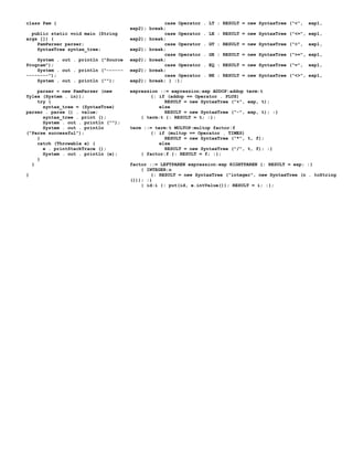 class Pam {                                        case Operator   . LT : RESULT = new SyntaxTree ("<",   exp1,
                                      exp2); break;
  public static void main (String                  case Operator   . LE : RESULT = new SyntaxTree ("<=", exp1,
args []) {                            exp2); break;
    PamParser parser;                              case Operator   . GT : RESULT = new SyntaxTree (">",   exp1,
    SyntaxTree syntax_tree;           exp2); break;
                                                   case Operator   . GE : RESULT = new SyntaxTree (">=", exp1,
    System . out . println ("Source   exp2); break;
Program");                                         case Operator   . EQ : RESULT = new SyntaxTree ("=",   exp1,
    System . out . println ("------   exp2); break;
--------");                                        case Operator   . NE : RESULT = new SyntaxTree ("<>", exp1,
    System . out . println ("");      exp2); break; } :};

    parser = new PamParser (new       expression ::= expression:exp ADDOP:addop term:t
Yylex (System . in));                         {: if (addop == Operator . PLUS)
    try {                                          RESULT = new SyntaxTree ("+", exp, t);
      syntax_tree = (SyntaxTree)                 else
parser . parse () . value;                         RESULT = new SyntaxTree ("-", exp, t); :}
      syntax_tree . print ();             | term:t {: RESULT = t; :};
      System . out . println ("");
      System . out . println          term ::= term:t MULTOP:multop factor:f
("Parse successful");                         {: if (multop == Operator . TIMES)
    }                                              RESULT = new SyntaxTree ("*", t, f);
    catch (Throwable e) {                        else
      e . printStackTrace ();                      RESULT = new SyntaxTree ("/", t, f); :}
      System . out . println (e);         | factor:f {: RESULT = f; :};
    }
  }                                   factor ::= LEFTPAREN expression:exp RIGHTPAREN {: RESULT = exp; :}
                                          | INTEGER:n
}                                             {: RESULT = new SyntaxTree ("integer", new SyntaxTree (n . toString
                                      ())); :}
                                          | id:i {: put(id, e.intValue()); RESULT = i; :};
 