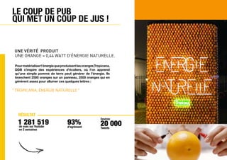 Le coup de pub
qui met un coup de jus !


 Une vérité produit
 Une orange = 0,44 Watt d’énergie naturelle.

 Pour matérialiser l’énergie que produisent les oranges Tropicana,
 DDB s’inspire des expériences d’écoliers, où l’on apprend
 qu’une simple pomme de terre peut générer de l’énergie. Ils
 branchent 2500 oranges sur un panneau, 2500 oranges qui en
 génèrent assez pour allumer ces quelques lettres :

“ Tropicana, Énergie Naturelle ”




   Résultat
                                                           Environ
   1 vues sur Youtube
   de
      281 519                       93%
                                    d'agrément
                                                           20 000
                                                           Tweets
   en 2 semaines



                       Voir
                       LE film
 