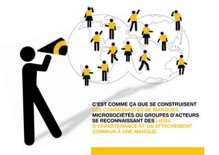C’est comme ça que se construisent
les communautés de marques,
microsociétés ou groupes d’acteurs
se reconnaissant des liens
d’appartenance et un attachement
commun à une marque.
 
