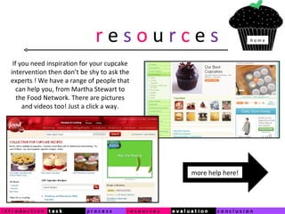 r  e  s   o  u  r   c  e   s If you need inspiration for your cupcake intervention then don’t be shy to ask the experts ! We have a range of people that can help you, from Martha Stewart to the Food Network. There are pictures and videos too! Just a click a way. h o m e more help here! 