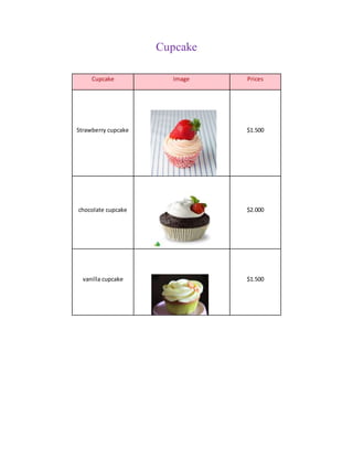 Cupcake
Cupcake Image Prices
Strawberry cupcake $1.500
chocolate cupcake $2.000
vanilla cupcake $1.500
 