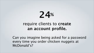 24         %

        require clients to create
          an account profile.

Can you imagine being asked for a password every time you order
chicken nuggets at McDonald’s?
 