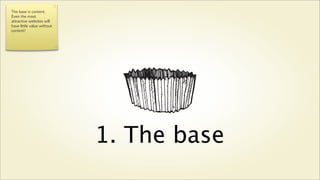 The base is content.
Even the most
attractive websites will
have little value without
content!




                            1. The base
 