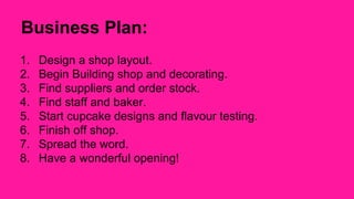 Business Plan: 
1. Design a shop layout. 
2. Begin Building shop and decorating. 
3. Find suppliers and order stock. 
4. Find staff and baker. 
5. Start cupcake designs and flavour testing. 
6. Finish off shop. 
7. Spread the word. 
8. Have a wonderful opening! 
 