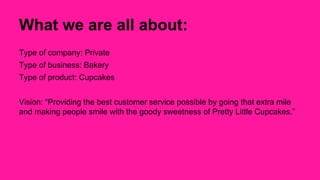 What we are all about: 
Type of company: Private 
Type of business: Bakery 
Type of product: Cupcakes 
Vision: “Providing ...