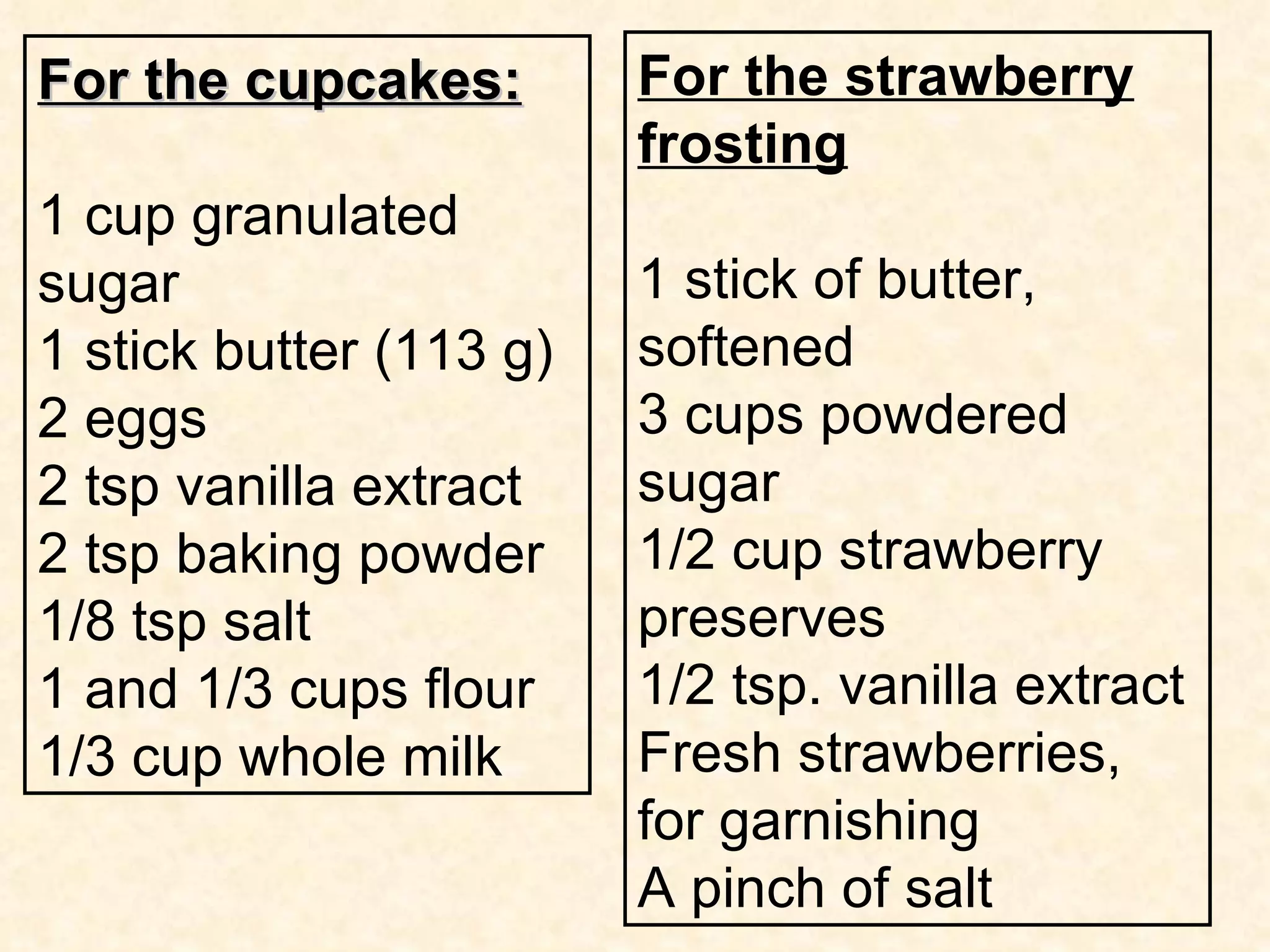 For the cupcakes:        For the strawberry
                         frosting
1 cup granulated
sugar                    1 stick of butter,
1 stick butter (113 g)   softened
2 eggs                   3 cups powdered
2 tsp vanilla extract    sugar
2 tsp baking powder      1/2 cup strawberry
1/8 tsp salt             preserves
1 and 1/3 cups flour     1/2 tsp. vanilla extract
1/3 cup whole milk       Fresh strawberries,
                         for garnishing
                         A pinch of salt
 