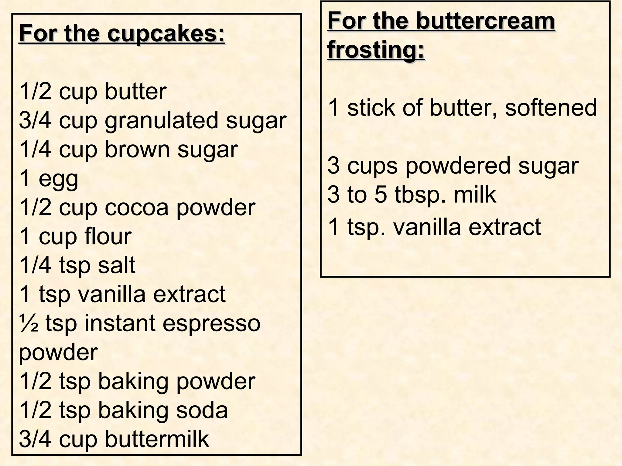 For the buttercream
For the cupcakes:
                           frosting:
1/2 cup butter
                           1 stick of butter, softened
3/4 cup granulated sugar
1/4 cup brown sugar
                           3 cups powdered sugar
1 egg
                           3 to 5 tbsp. milk
1/2 cup cocoa powder
1 cup flour                1 tsp. vanilla extract
1/4 tsp salt
1 tsp vanilla extract
½ tsp instant espresso
powder
1/2 tsp baking powder
1/2 tsp baking soda
3/4 cup buttermilk
 