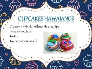 Cupcakes vainilla rellenos de arequipe
Fresa y chocolate
Tortas
Topper personalizado
 
