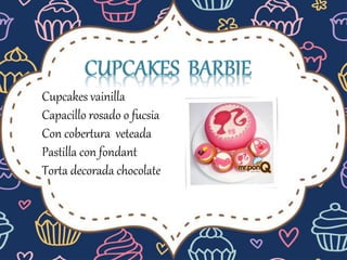 Cupcakes vainilla
Capacillo rosado o fucsia
Con cobertura veteada
Pastilla con fondant
Torta decorada chocolate
 