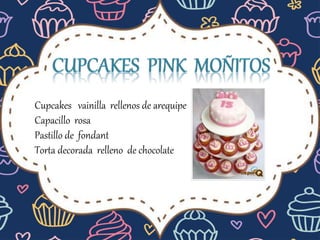 Cupcakes vainilla rellenos de arequipe
Capacillo rosa
Pastillo de fondant
Torta decorada relleno de chocolate
 