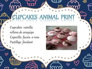 Cupcakes vainilla
relleno de arequipe
Capecillo fucsia o rosa
Pastillaje fondant
 
