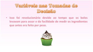 • Isso foi revolucionário devido ao tempo que os bolos
  levavam para assar e da facilidade de medir os ingredientes
  que antes era feito por peso.
 