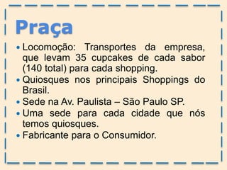 Praça
 Locomoção: Transportes da empresa,
que levam 35 cupcakes de cada sabor
(140 total) para cada shopping.
 Quiosques nos principais Shoppings do
Brasil.
 Sede na Av. Paulista – São Paulo SP.
 Uma sede para cada cidade que nós
temos quiosques.
 Fabricante para o Consumidor.
 