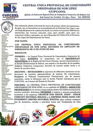 Pronunciamiento CUPCONIL de Nor Lípez Li