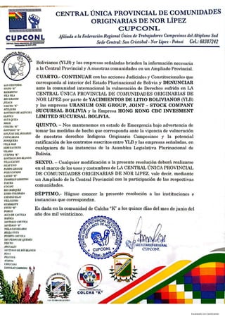 Pronunciamiento CUPCONIL de Nor Lípez Li