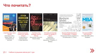 Что почитать?
21 / Учебник по решению кейсов для 1 тура
Crack the Case, David
Ohrvall
(«Взломать кейс»,
Дэвид Орвал, не
переведена на
русский)
Where Good Ideas
Come From, Steven
Johnson
Откуда берутся
хорошие идеи,
Стивен Джонсон
The Mind of the
Strategist, Kenichi
Ohmae
Мышление стратегия,
Кеничи Омае
Principles of Corporate
Finance, R. Brealey, S.
Myers
Принципы
корпоративных
финансов, Р. Брейли, С.
Майерс
Business Model Generation,
A. Osterwalder, Y. Pegneur
Построение бизнес-моделей, А.
Остервальдер, И. Пинье
The personal MBA,
Josh Kaufman
Сам себе MBA, Джош
Кауфман
 